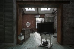 Дизайнерские кресла и мебель в интерьере лофт с кирпичной стеной