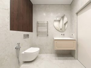 Съемка интерьера ванной комнаты с душевой и ванной. Белая плитка, светлый интерьер. Фотограф Кирилл Толль. ЖК Датский Квартал, Мытищи.