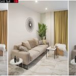 Зона отдыха с бежевым диваном, жёлтыми шторами, мраморным полом и настенным декором в виде солнца в ЖК Сады Пекина — фото Кирилла Толль