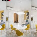 Обеденная зона в ЖК Сады Пекина с круглым белым столом, жёлтыми стульями, парящим белым светильником и видом на бирюзовое кресло в трёх вариантах освещения — съёмка Кирилла Толль