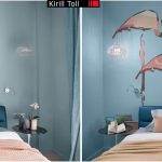 Зона кровати в ЖК Сады Пекина с крупным рисунком фламинго на голубой стене, бирюзовым изголовьем и текстилем в пудровых тонах — съёмка Кирилла Толль