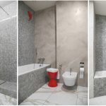 Минималистичная ванная комната в ЖК Сады Пекина с серой мозаикой, душевой кабиной, ванной и ярким красным табуретом — съёмка Кирилла Толль