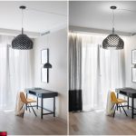 Рабочая зона в ЖК Сады Пекина с чёрным столом, жёлтым стулом и чёрным сетчатым светильником в дневном и вечернем освещении — фото Кирилла Толль