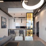 Современная кухня-гостиная с витриной для вина и барной стойкой в ЖК Ривер Парк, Нагатинский затон