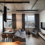 Интерьер гостиной с видом на Нагатинский затон, бетонным потолком и гитарой, ЖК Ривер Парк