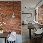 Коллаж обеденной зоны в стиле лофт у метро Трубная — два ракурса стола с орхидеей на фоне красной кирпичной стены. Съёмка: Кирилл Толль