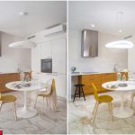 Светлая кухня-столовая в ЖК Сады Пекина с круглым белым столом, жёлтыми стульями, деревянными фасадами и белым изогнутым светильником — съёмка Кирилла Толль