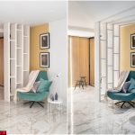 Уголок для отдыха в ЖК Сады Пекина с бирюзовым бархатным креслом, белой стеллажной перегородкой, мраморным полом и жёлтой акцентной стеной — съёмка Кирилла Толль