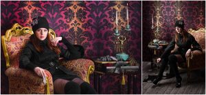 Студийная съёмка для рекламы аксессуаров. Диптих: девушка в черном берете и костюме сидит в резном кресле с кристальной снежинкой на фоне красного дамаска, крупный план лица. Москва