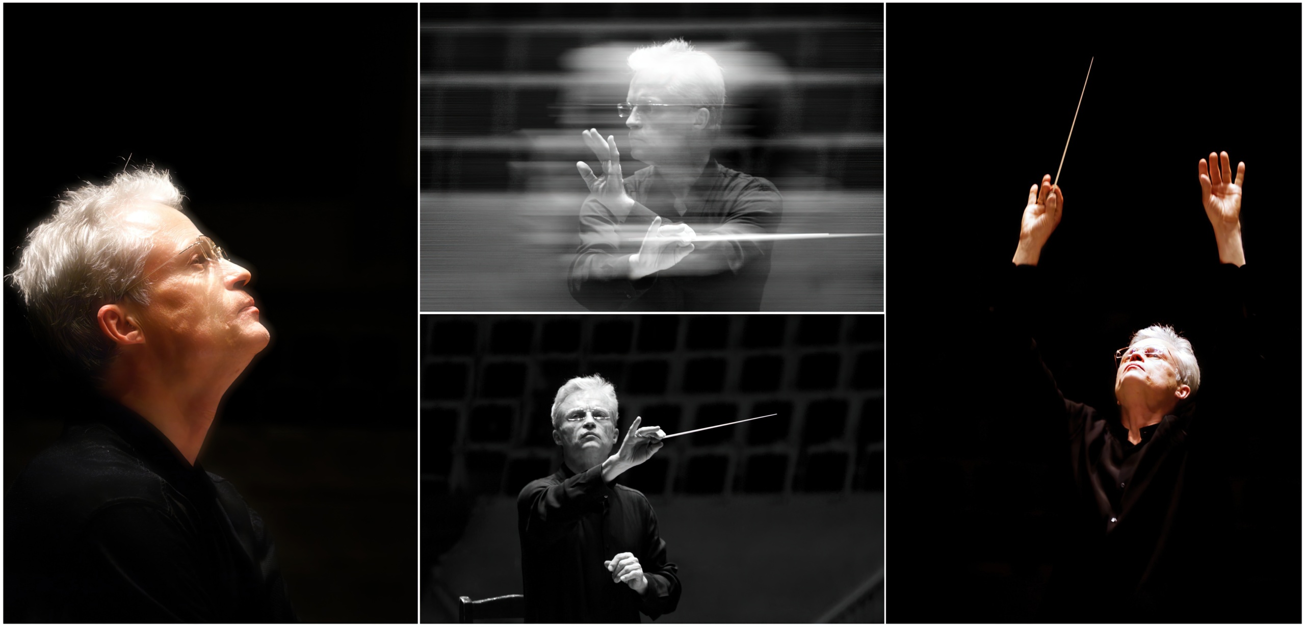 Профессиональный портрет дирижёра в процессе работы. Коллаж из пяти кадров. Дирижёр с палочкой, седые волосы, очки, чёрный фон, драматичный свет. Студийная съёмка. Москва