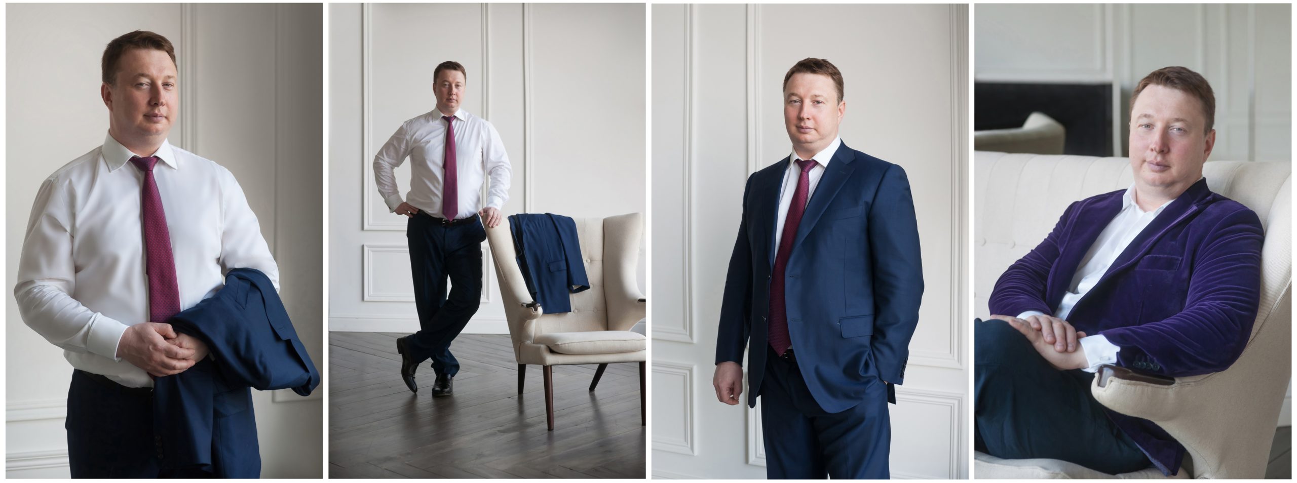 Мужчина в фиолетовом бархатном пиджаке, сидит в кресле, уверенная поза, студийная съёмка в Москве. Мужчина в тёмно-синем костюме с бордовым галстуком, опирается на стул, студийный деловой портрет в Москве